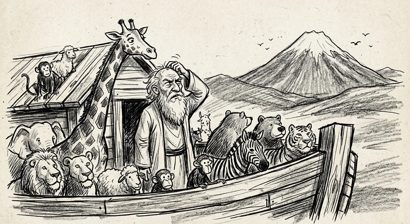 Noé na arca, cercado de animais, olhando confuso para a montanha