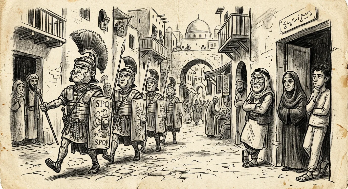 Soldados romanos marchando pela cidade, o povo os olhando sem impressionar