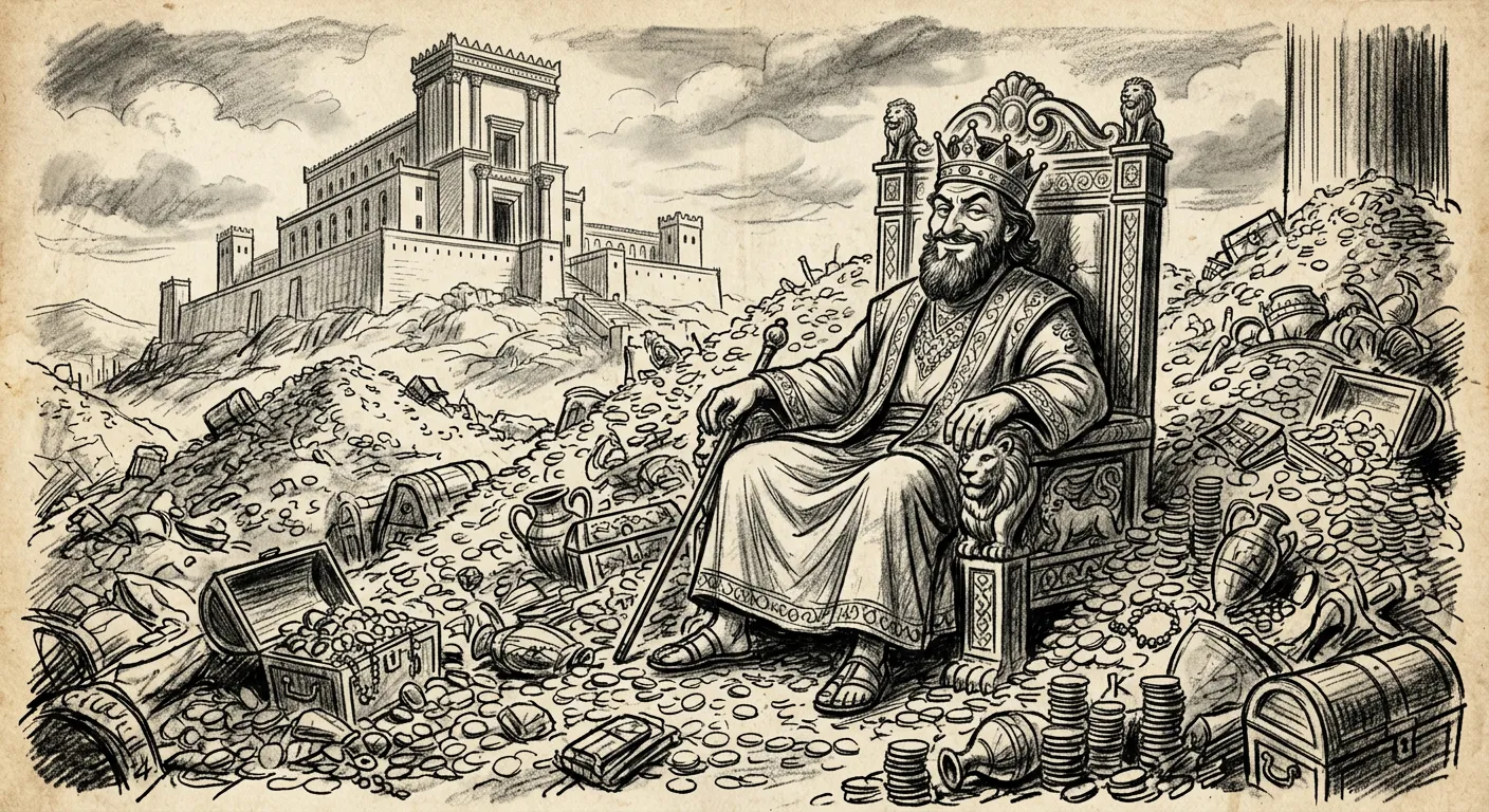 Salomão no trono, rodeado de tesouros, com o templo ao fundo