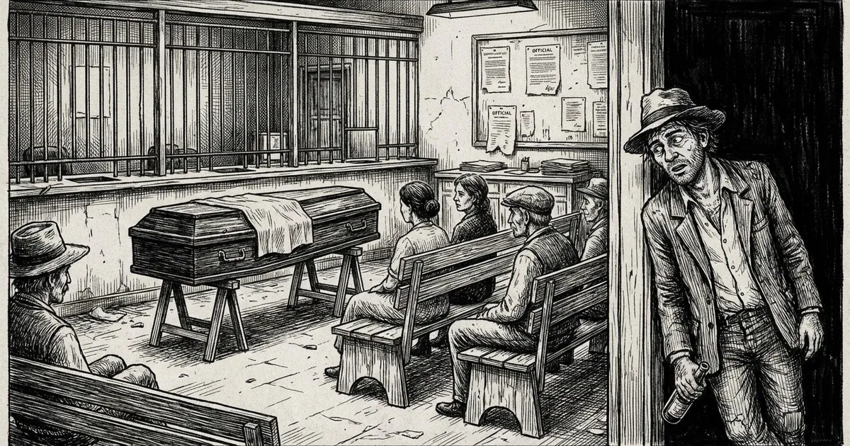 O caixão em frente aos caixas do banco, o povo consternado e o cachaceiro espiando no canto