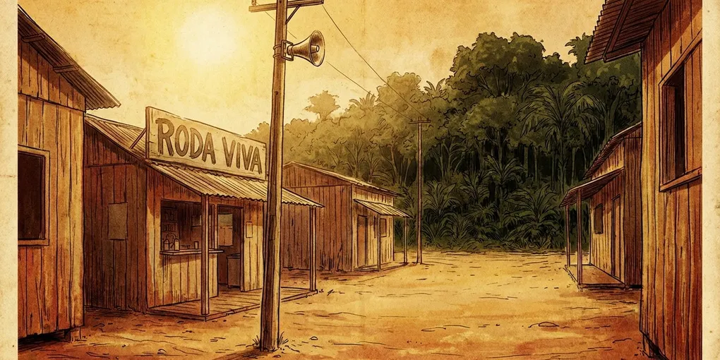 Rua empoeirada de cidade do interior de Rondônia nos anos 80, com alto-falante no poste e restaurante popular.