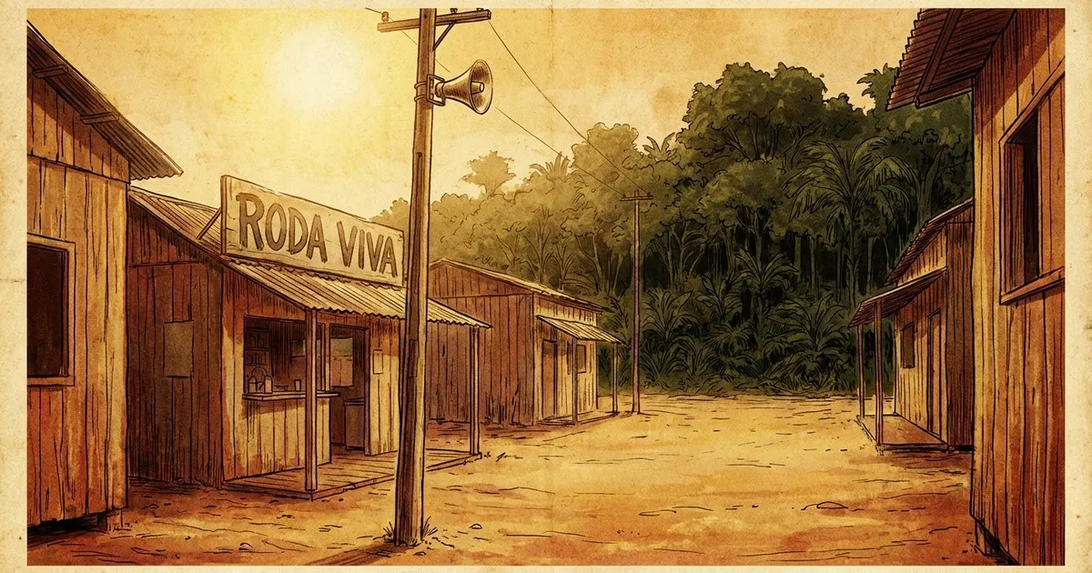 Rua empoeirada de cidade do interior de Rondônia nos anos 80, com alto-falante no poste e restaurante popular.