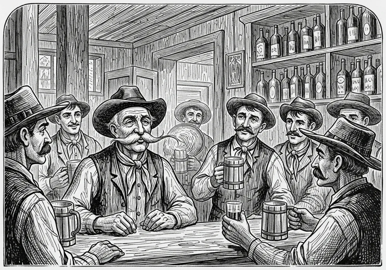 No bolicho — o Gaudêncio sopra o bigode, os peões ao redor com as canecas.