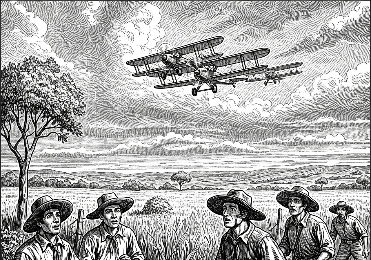 Dois teco-tecos voando um atrás do outro rente às copas das árvores das coxilhas gaúchas.