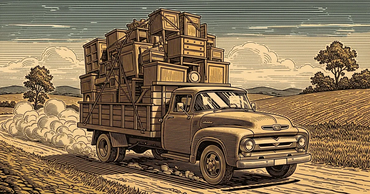 Caminhão antigo carregado de móveis e utensílios, estrada de terra.