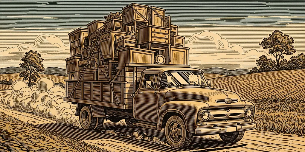 Caminhão antigo carregado de móveis e utensílios, estrada de terra.