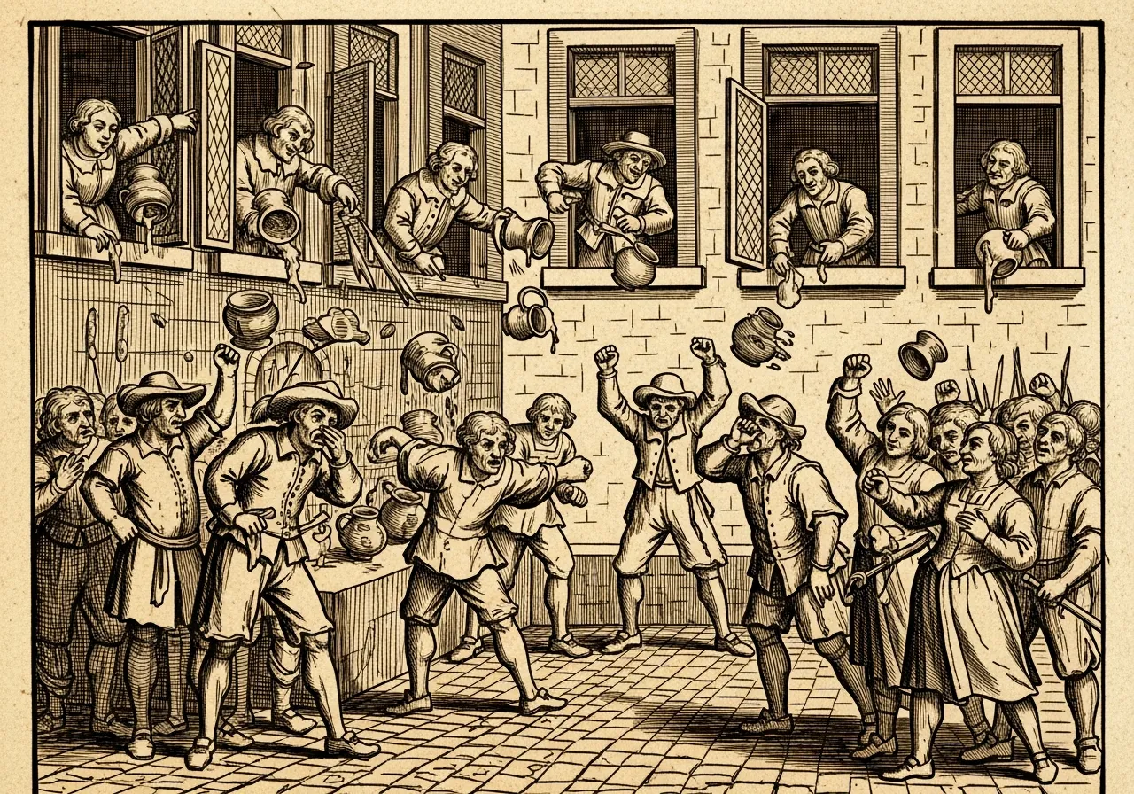 A nobreza colonial jogando fezes pela janela enquanto o povo, enfezado, ergue os punhos lá embaixo.