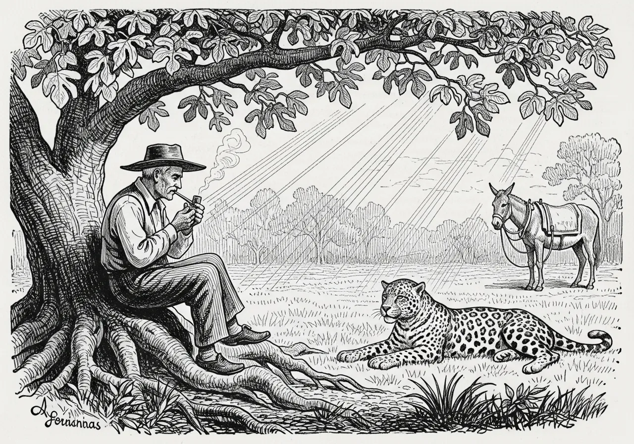 Seu Franquelim na raiz da gameleira, a onça pintada deitada bem à sua frente.