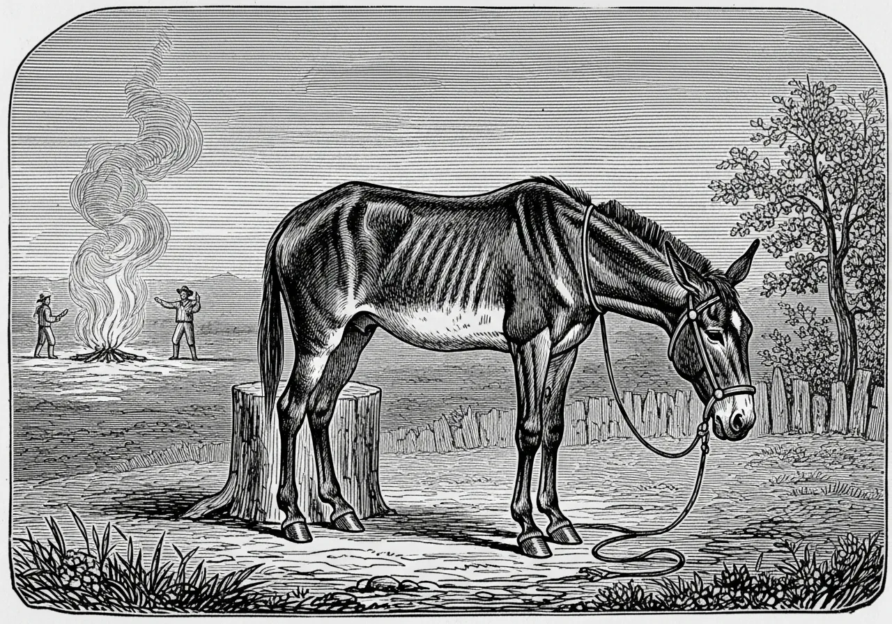 A mula baia definhada, amarrada ao toco a noite toda enquanto o fandango rolava.