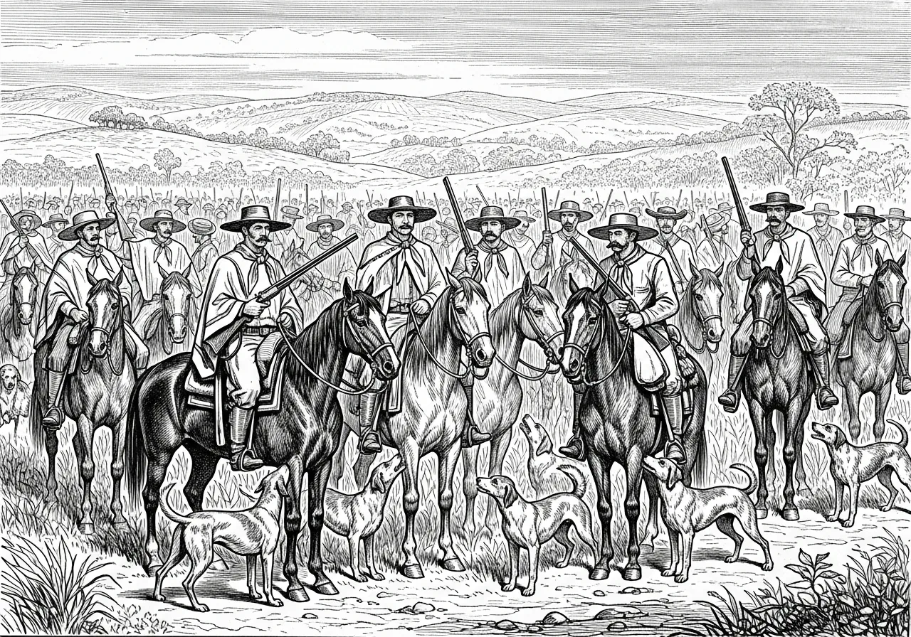 A peonada reunida — cavalos, espingardas e cachorrada para caçar a onça pintada.