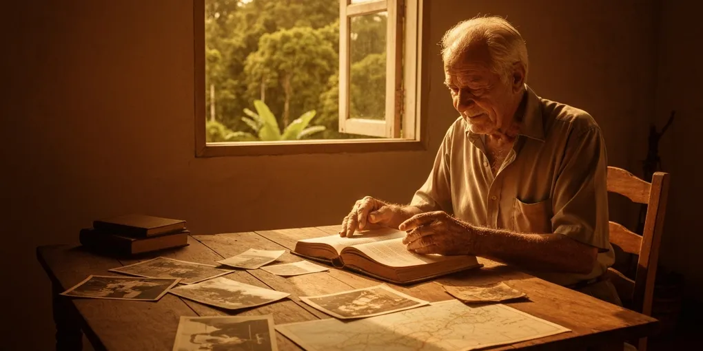 Homem idoso lendo livro antigo, mapas e fotografias de garimpo espalhados pela mesa