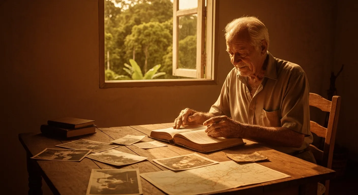 Homem idoso lendo livro antigo, mapas e fotografias de garimpo espalhados pela mesa