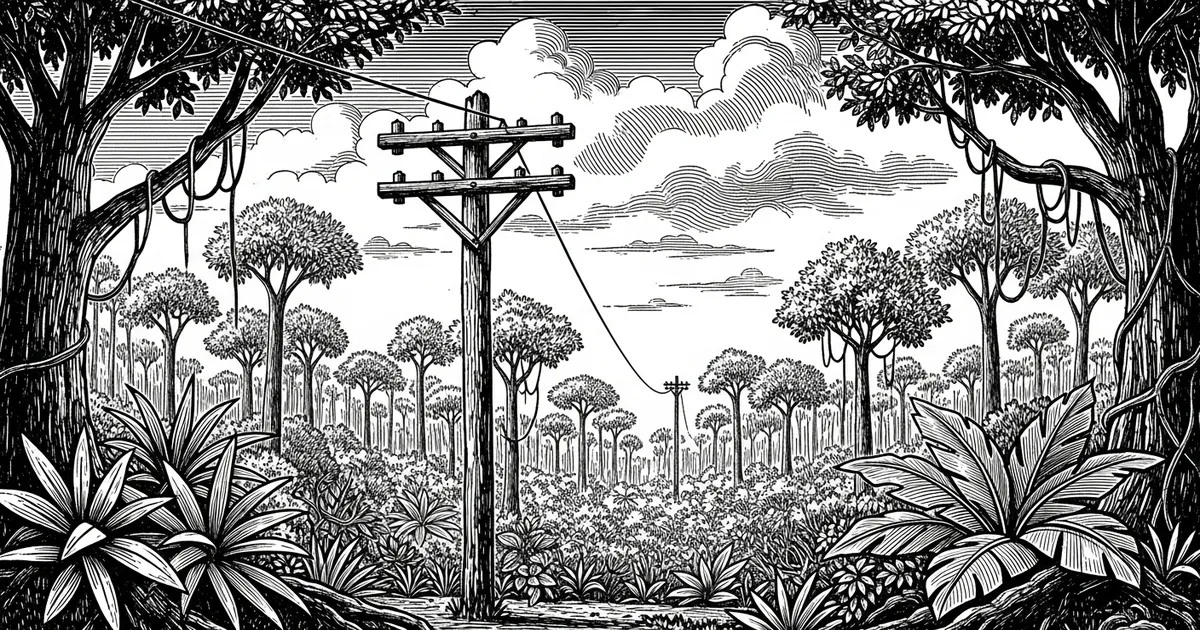 Linha telegráfica na floresta amazônica — a obra do Marechal Rondon.