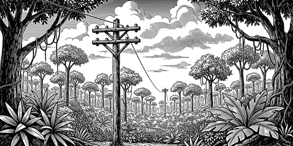 Linha telegráfica na floresta amazônica — a obra do Marechal Rondon.