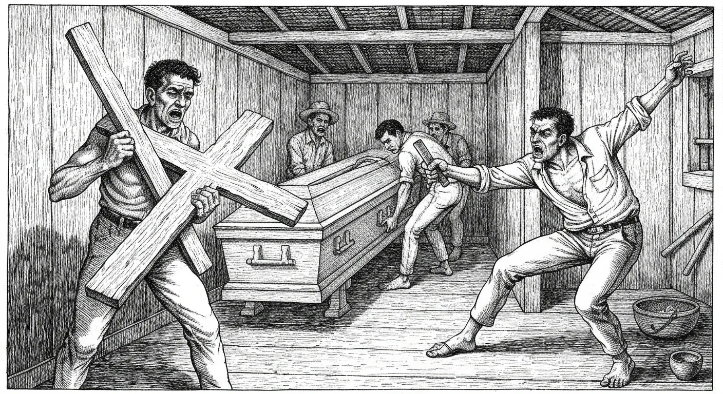 Velório da velha Sebastiana — Emiliano se defendendo com a cruz, em bico de pena