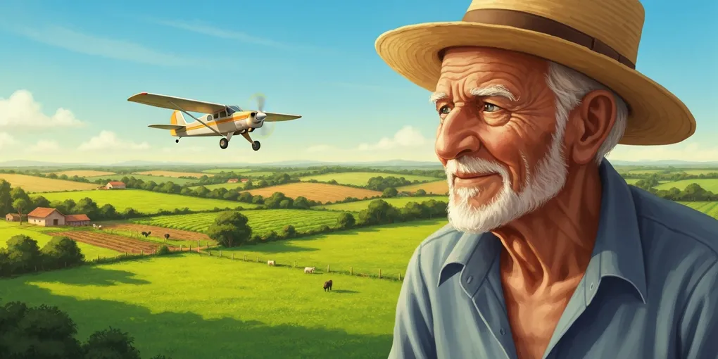 Um gaúcho antigo contando histórias para outro homem cético em um ambiente rural, com um avião teco-teco voando baixo ao fundo sobre o gado.