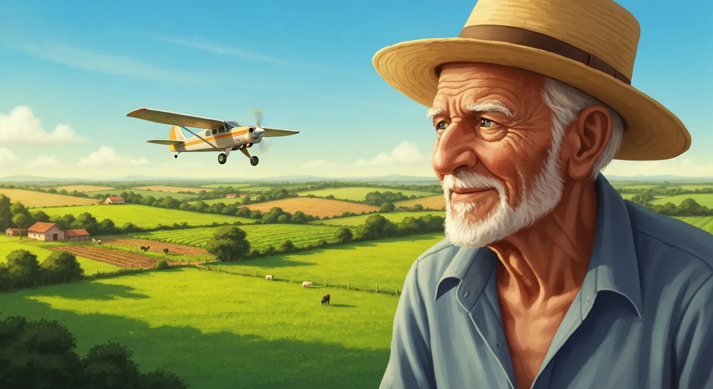 Um gaúcho antigo contando histórias para outro homem cético em um ambiente rural, com um avião teco-teco voando baixo ao fundo sobre o gado.