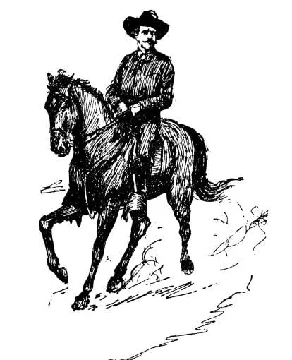 Ilustração de um gaúcho montado em cavalo alazão, representando a última cavalgada do Vovô Franquelim pelo interior do Paraná.